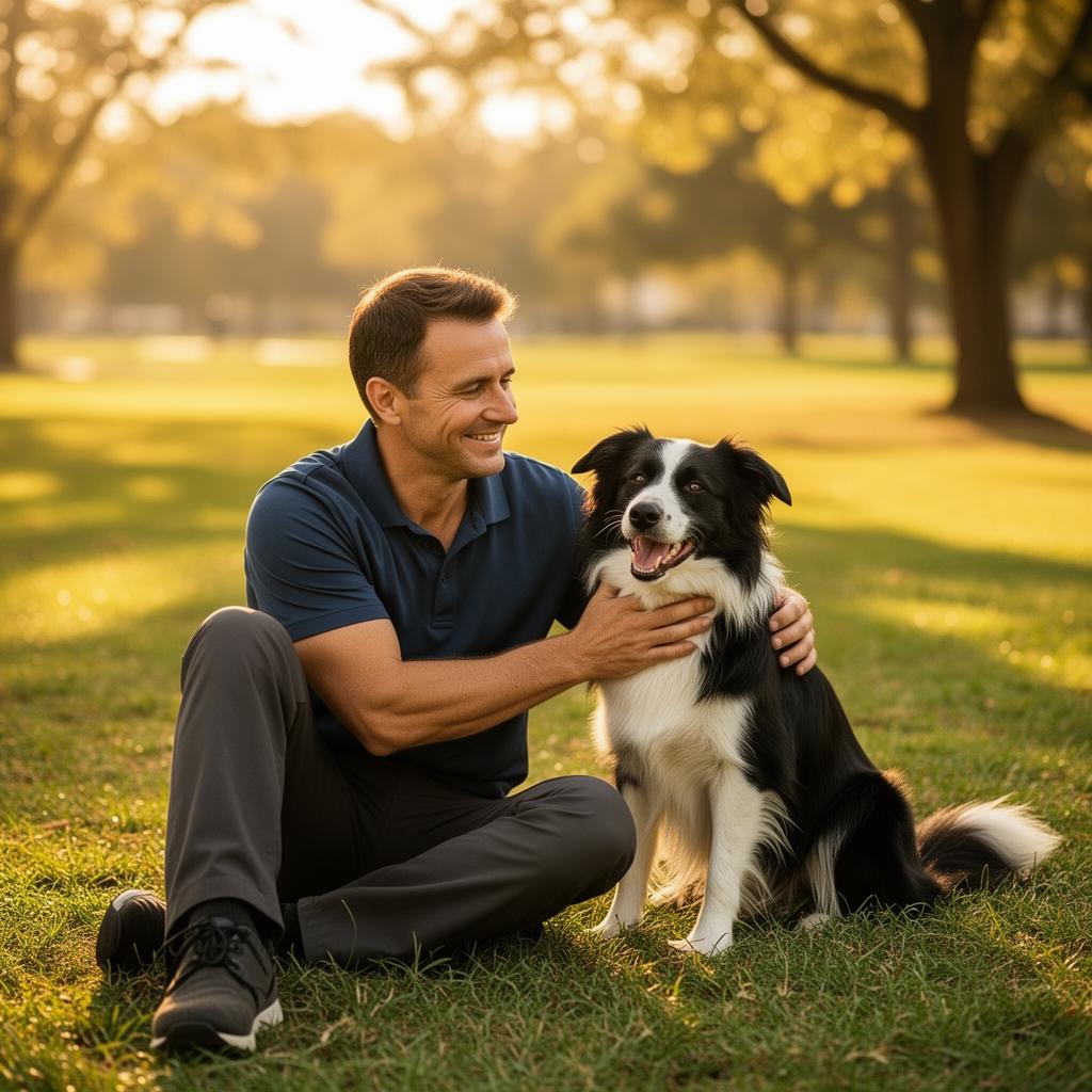 Calm, smiling dog trainer sitting on the grass beside a relaxed Border Collie